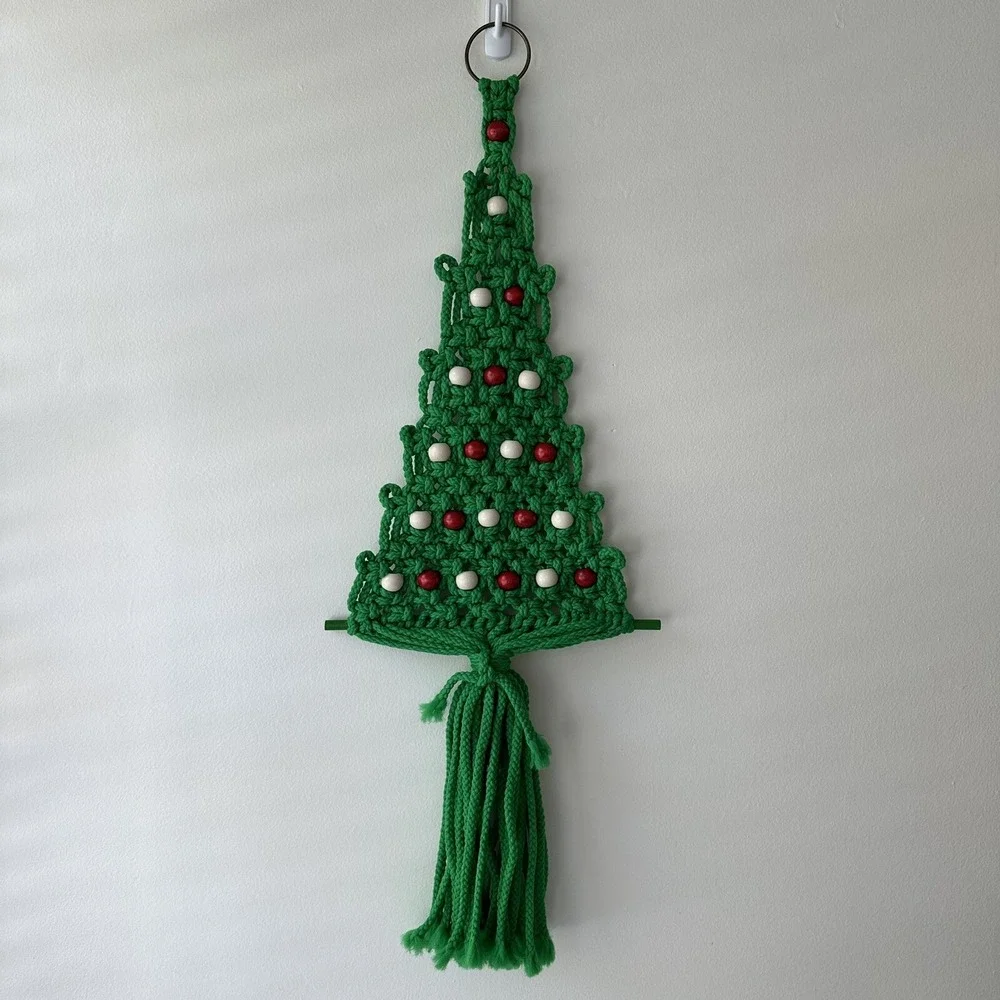 Vtg Macrame Crochet Handmade Christmas Tree Wall Hanging Large Green Red 32 X 12